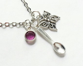 Lupus Awareness Necklace,  Genuine Swarovski Crystal in Purple,  Butterfly, and Spoon,  Custom Length