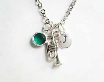 Personalized Silver Trumpet Necklace, Genuine Swarovski Birthstone Crystal, Hand Stamped Initial, Custom Length