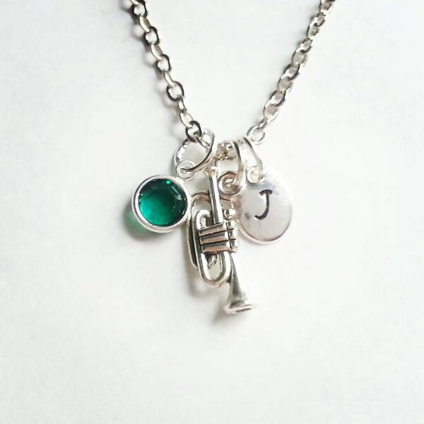 Personalized Silver Trumpet Necklace, Genuine Swarovski Birthstone Crystal, Hand Stamped Initial, Custom Length