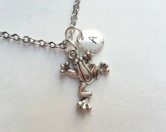 Personalized Silver Frog Necklace, Initial,  Handstamped