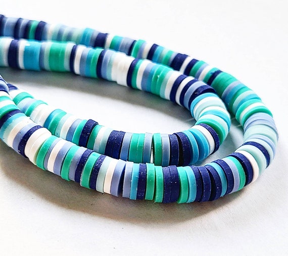 Heishi Beads 6mm Shades of Dark Blue, Teal and White Handmade