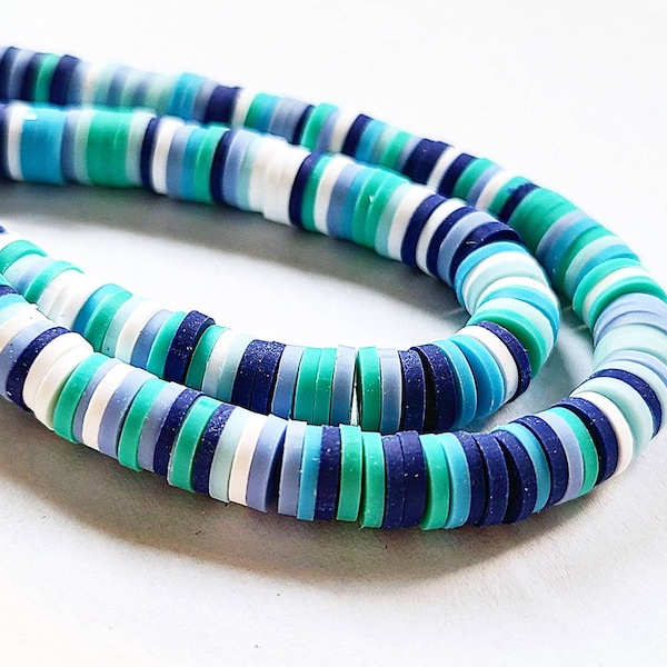 6mm Shades of Aqua, Turquoise, Blue and White Handmade Polymer Clay Beads, 17 Inch Strand, 6mm  Beads, Disc Flat Beads