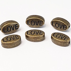 25 Love Beads, Antique Bronze Oval, 10x4mm, Engraved Beads,  Word Beads, Spacer Bead, Double Sided