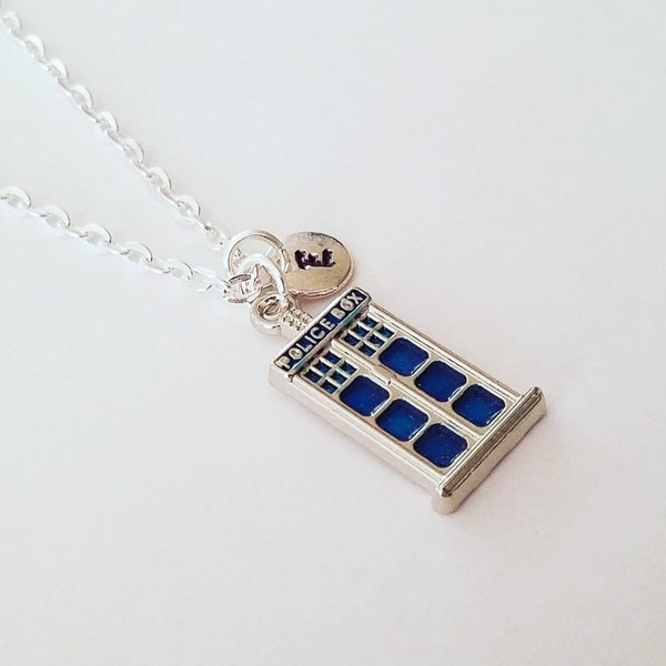 Personalized Tardis Necklace with Initail, Handstamped, Custom Length Doctor Who Inspired Necklace