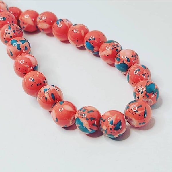 8mm Painted Glass Beads, Salmon Coral Orange Beads with Splashes of Light Pink and Turquoise, Opaque Beads, Multi Colored, Graffiti Beads