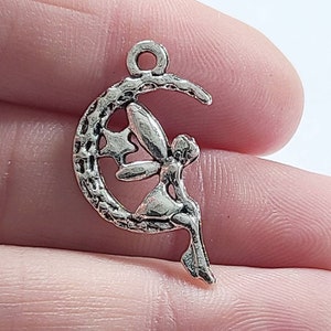 Fairy Charms,  Fairy on the Moon Charms, Antique Silver, 25x14mm, Fantasy Charms, Angel Charm, Bulk Charms