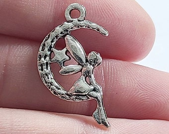 Fairy Charms,  Fairy on the Moon Charms, Antique Silver, 25x14mm, Fantasy Charms, Angel Charm, Bulk Charms