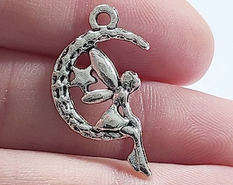 Fairy Charms,  Fairy on the Moon Charms, Antique Silver, 25x14mm, Fantasy Charms, Angel Charm, Bulk Charms