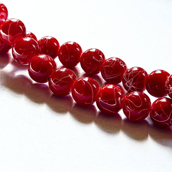 Glass Beads, 8mm Deep Red Painted Glass Beads, White Drawbench Drizzle, 8mm Beads, Opaque Red and White Beads, Holiday Beads, Combined Ship