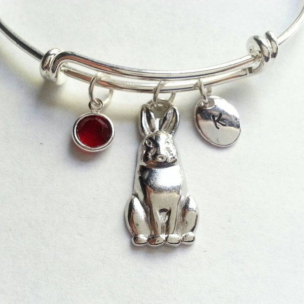 Personalized silver Bunny Rabbit Bracelet,  Adjustable Bangle, Swarovski Birthstone Crystal, Handstamped Initial