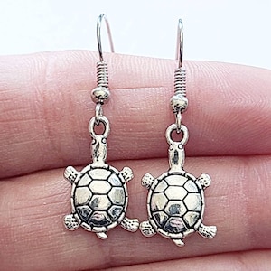 Turtle Earrings, Antique Silver Turtle Earrings, Tortoise Earrings, Dangle, Stainless Steel Earring Hooks, Reptile Earrings