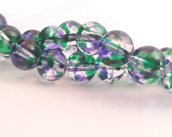 Blue and Green Splattered Beads, 8mm Glass Rounds, Painted Beads, Watercolor Finish, Indigo and Green, Transparent Glass Beads