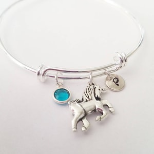 Personalized Silver Unicorn Bracelet Adjustable Bangle Bracelet,Hand Stamped Initial, Genuine Swarovski Birthstone, Charm Bracelet,Customize