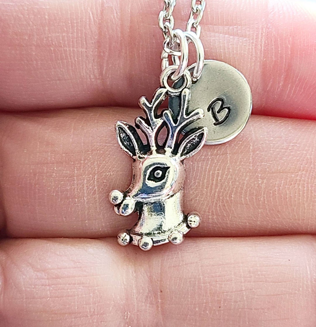 Silver Reindeer Necklace, Hand Stamped Initial, Personalized Necklace