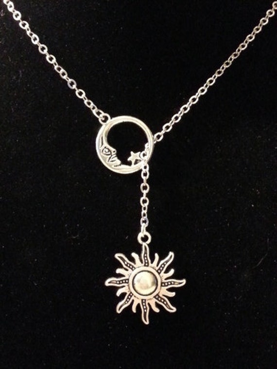 Moon, Star and Sun Lariat Necklace, Silver, Adjustable, Celestial