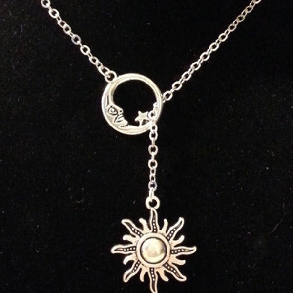 Moon, Star and Sun Lariat Necklace, Silver, adjustable, Celestial Necklace, Man in the Moon