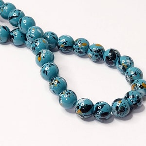 8mm Painted Glass Beads, Steel Blue Beads with Splashes of Black, White and Gold, Opaque Beads, Multi Colored 8mm Beads, Graffiti Beads