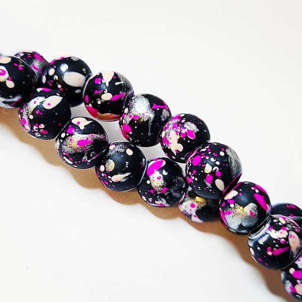 6mm Painted Glass Beads, Black Beads with Hot Pink, Light Pink and Metallic Silver, Opaque Graffiti Beads, Combined Shipping, Round Beads