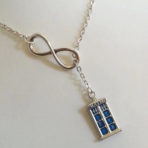 Dr. Who Tardis Lariat Necklace, Tardis and Infinity Necklace, Adjustable Drop, Sci Fi Geek Necklace, Police Box Necklace