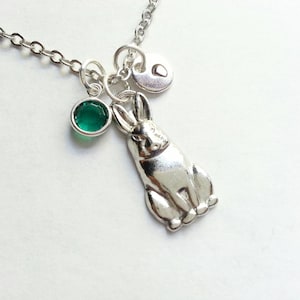 Personalized Silver Bunny Rabbit Necklace, Genuine Swarovski Birthstone Crystal,  Hand Stamped Initial, Custom Length