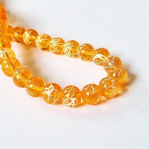 Orange Drawbench Beads with White Swirl, 8mm, Painted Bead, Bright Orange Glass Beads, Round Beads, Jewelry Supplies