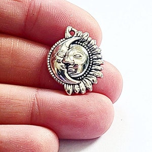 Moon and Sun Eclipse Charms Detailed Crescent Moon and Sun, Antique Silver, 20x16mm, to the moon and back, Bulk Charms