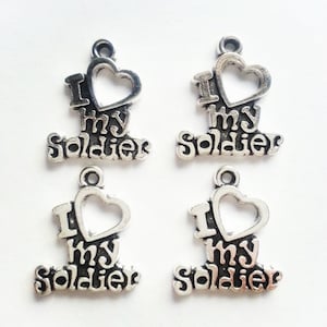 I Love My Soldier Charms, Pendants, 19x17mm, Antique Silver, Military Support, Military Family, Patriotic Charms