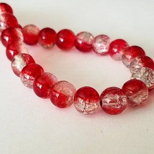 Glass Beads, Red and Clear Crackle Glass Beads, 8mm Round, Two Tone Crackle Beads, Crackle Glass, Candy Cane Beads, Christmas Beads, Festive