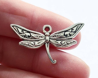Dragonfly Charm, Antique Silver 31x17mm, Dragonfly Pendant, Insect Charm, Spirit Animal
