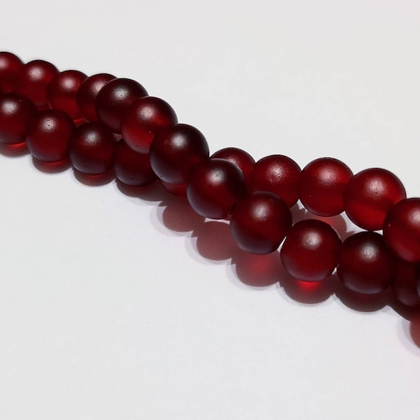 Deep Dark Red Frosted Beads,  6mm Glass, Sea Glass Finish, Round Beads, Red Frosted Beads, 6mm Bordeaux Red Beads, Combined Shipping