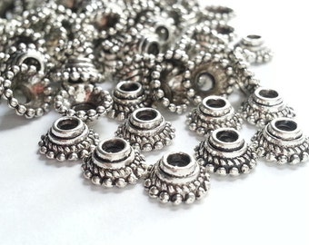 50 Bead Caps, 7x3mm, Silver, Antique finish