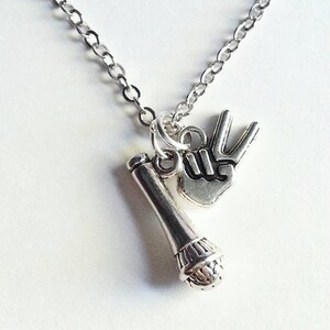 The Voice inspired Necklace, victory symbol and microphone, silver. Pewter