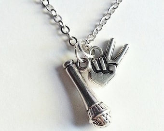 The Voice inspired Necklace, victory symbol and microphone, silver. Pewter