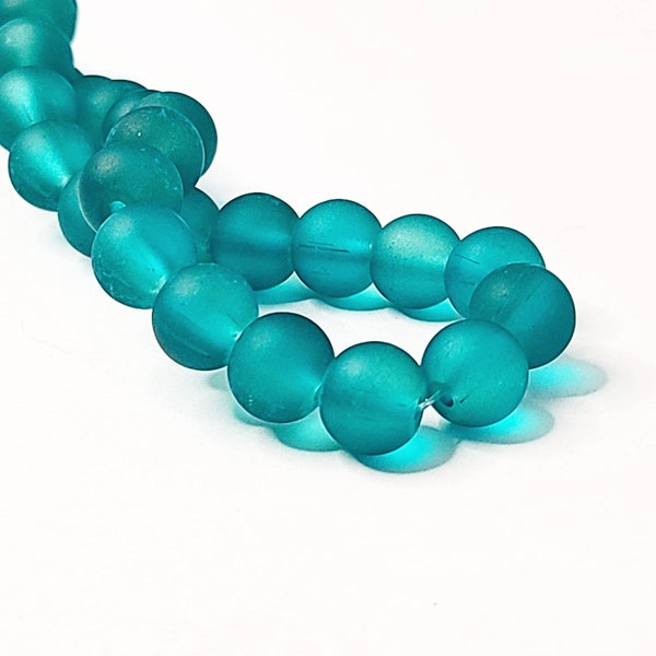 8mm Frosted Glass Beads, Sea Glass Finish, Teal Blue, Sea Green, Aqua Blue, Round Glass Beads, Beautiful Ocean Tone