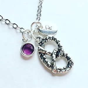 Personalize Silver Pretzel Necklace, Genuine Swarovski Birthstone, Hand Stamped Initial, Custom Length