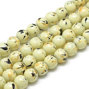 8mm Painted Glass Beads, Pale Yellow Beads with Splashes of Black and Metallic Gold, Opaque Beads, Multi Colored 8mm Beads, Graffiti Beads