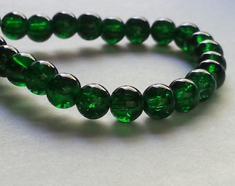 Green Crackle Beads, 6mm Glass Crackle, Dark Green, Deep Emerald Green Glass Crackle Beads, 6mm, Combined Shipping