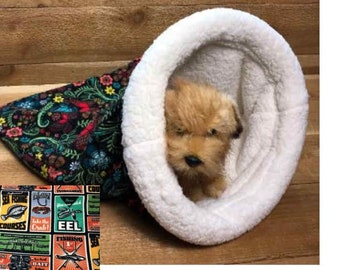 Snuggle Den, Fishing, Reel, Fish, Flannel, Pet Bed, Sleeping Bag, Den, burrow bed. dog sleeping bag, snuggle sacks, cave beds