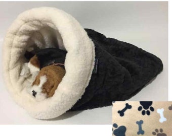 Snuggle Den, Bone & Paw, Paw Print, Flannel, Pet Bed, Sleeping Bag, Den, burrow bed. dog sleeping bag, snuggle sacks, cave beds