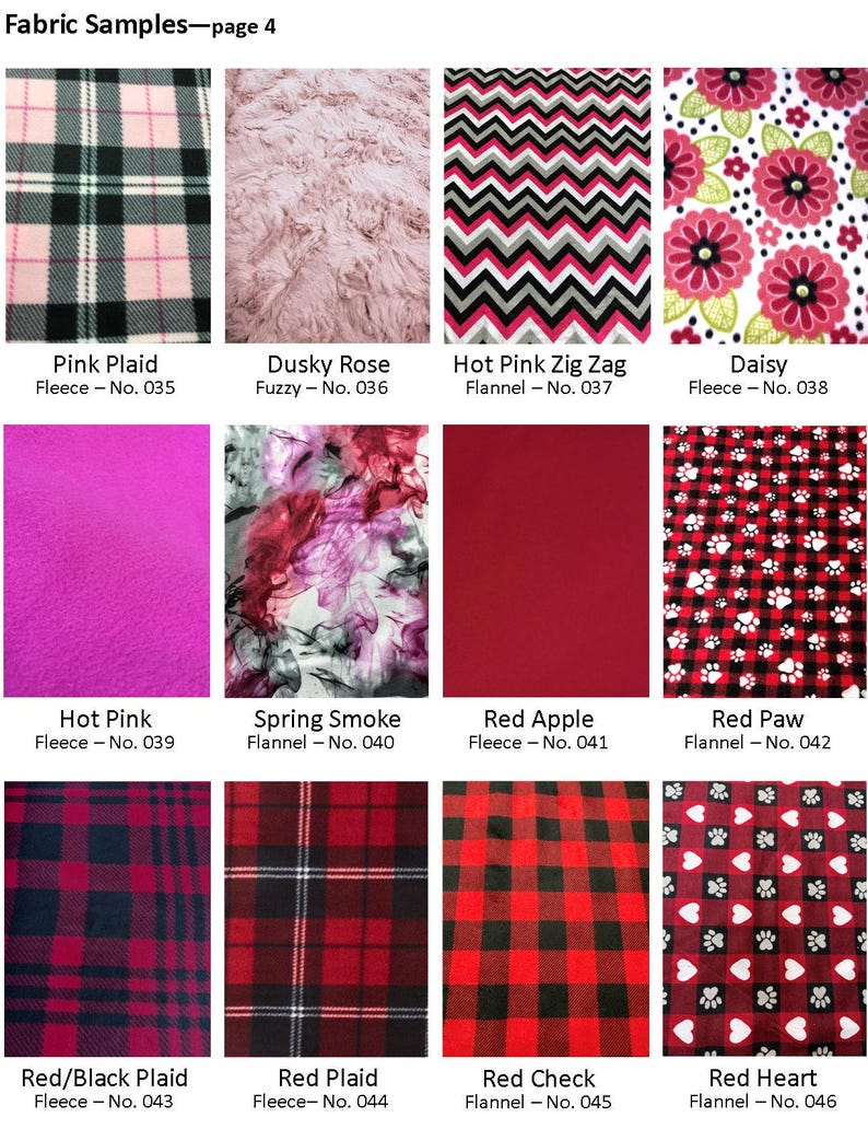 May include: A selection of fabric swatches. Patterns include pink plaid, dusky rose, hot pink zig zag, daisy floral, hot pink fleece, spring smoke, red apple, red paw, red/black plaid, red plaid, red check, and red heart designs.