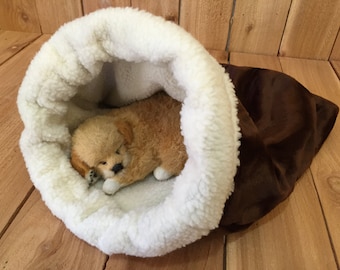 Snuggle Den, Brown Faux Fur, Pet Bed, Sleeping Bag, Den, burrow bed. dog sleeping bag, snuggle sacks, cave beds