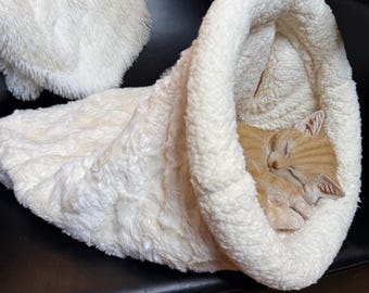 Ivory Fuzzy Fabric Pet Snuggle Den, Washable Cave Bed