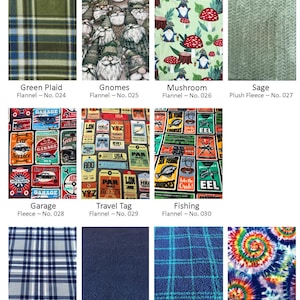 May include: A selection of fabric samples with diverse patterns. Designs include green plaid, gnomes, mushrooms, and sage. Other patterns are garage, travel tag, fishing, blue plaid, navy, blue/green plaid, and tie-dye.
