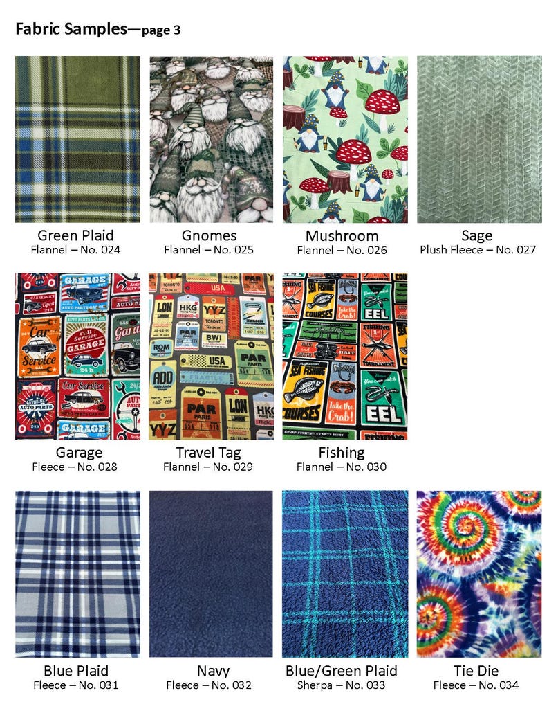 May include: A selection of fabric samples with diverse patterns. Designs include green plaid, gnomes, mushrooms, and sage. Other patterns are garage, travel tag, fishing, blue plaid, navy, blue/green plaid, and tie-dye.