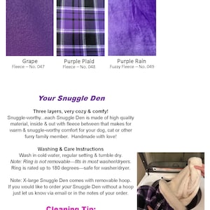 May include: Image of fabric samples: Grape, Purple Plaid, and Purple Rain fleece. Text details a Snuggle Den for pets, mentioning its cosy, three-layer design with fleece. Washing and care instructions are included for the product.