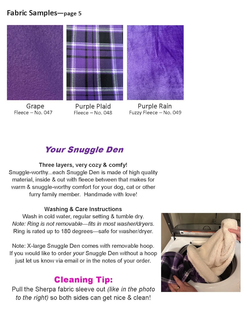 May include: Image of fabric samples: Grape, Purple Plaid, and Purple Rain fleece. Text details a Snuggle Den for pets, mentioning its cosy, three-layer design with fleece. Washing and care instructions are included for the product.