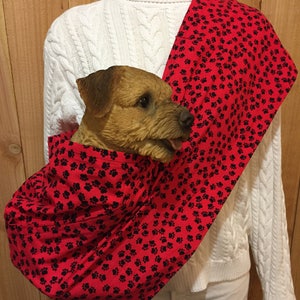 Pet Sling, Black Paw & Red Base Print, Pet Carrier, Pet Pouch, Handcrafted, Dog Carrier, Puppy Sling, Dog Sling