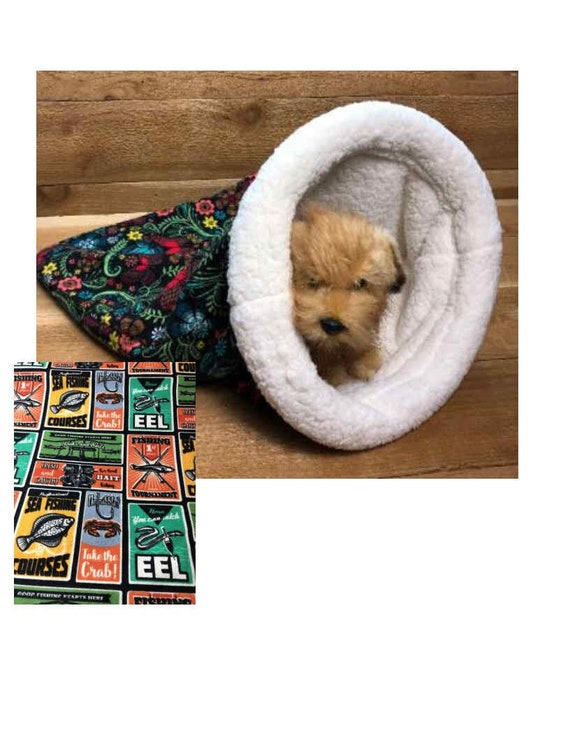 Snuggle Den, Fishing, Reel, Fish, Flannel, Pet Bed, Sleeping Bag, Den,  Burrow Bed. Dog Sleeping Bag, Snuggle Sacks, Cave Beds 