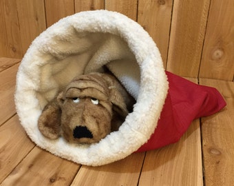 SMALL, Snuggle Den, Pet Bed, Red, Sleeping Bag, Den, burrow bed. dog sleeping bag, snuggle sacks, cave beds