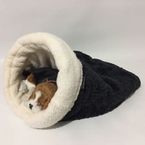 Snuggle Den, Black, faux fur, Black Plush, Pet Bed, Sleeping Bag, Den, burrow bed. dog sleeping bag, snuggle sacks, cave beds